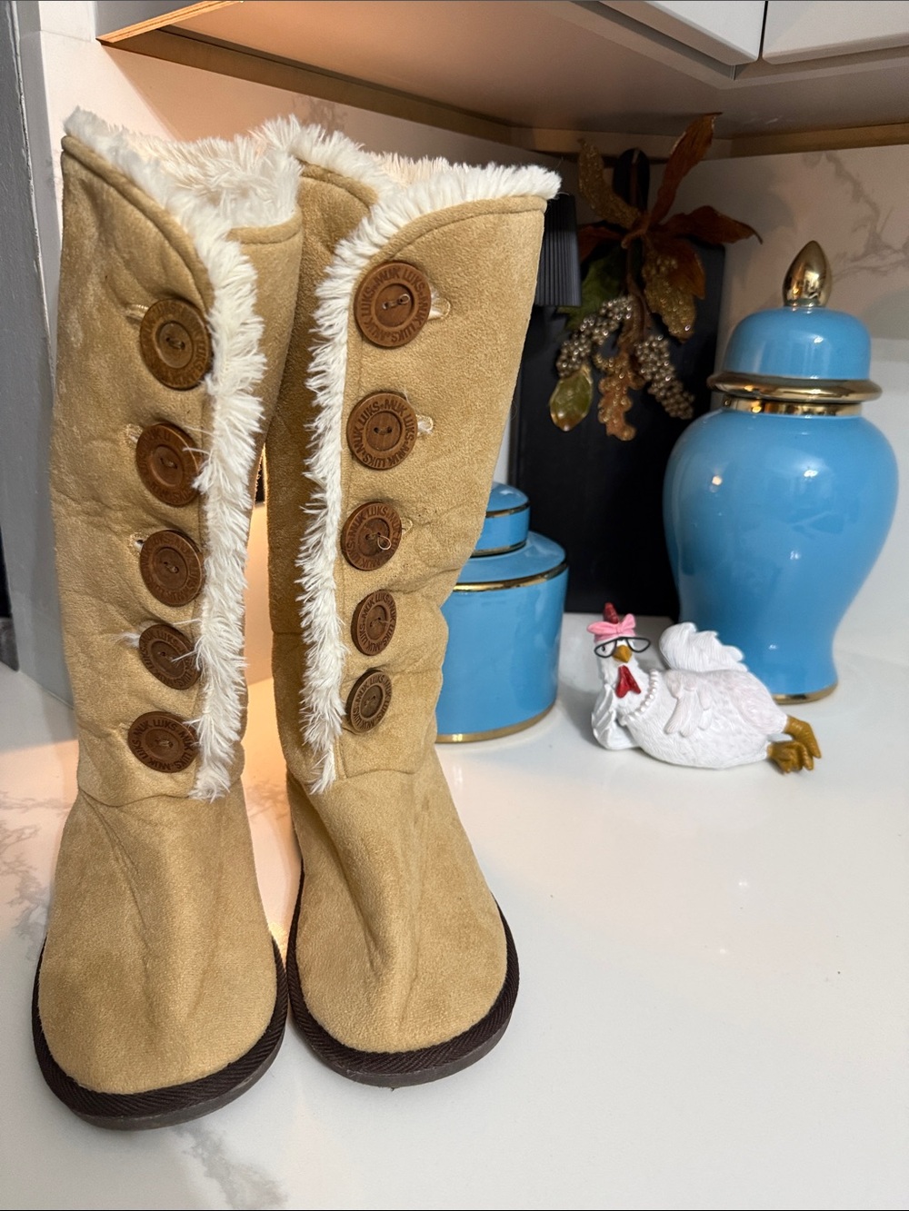 Muk Luks Tan Faux-Suede Knee-High Slipper Boots with Ivory Faux-Fur Trim/Lining
